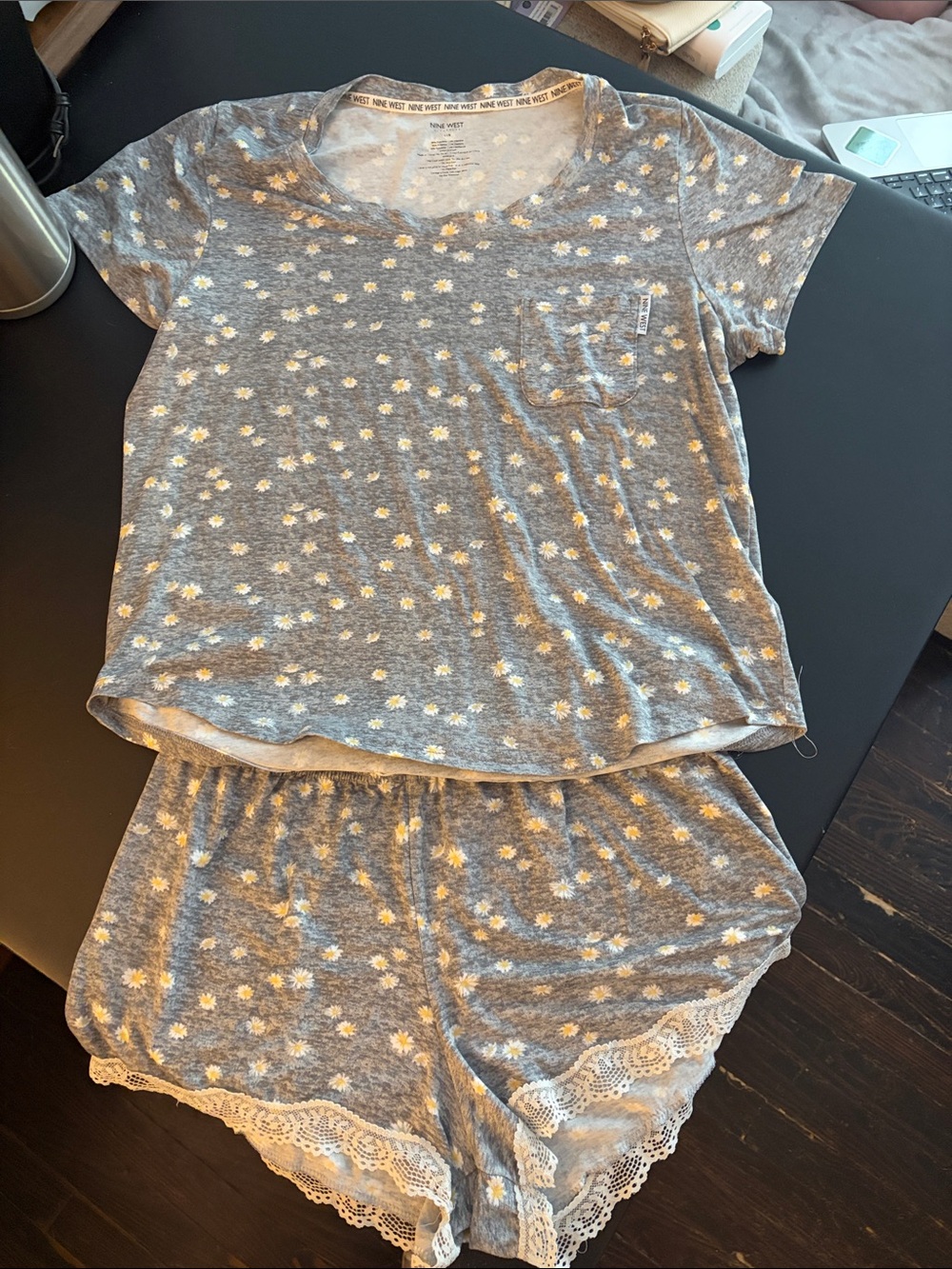 Nine West Gray Daisy Pocket Tee with Yellow Accents